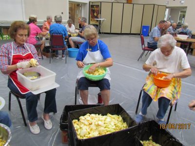 Women sitting in chairs peeling apples